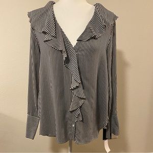 Zara Striped Black & White Ruffle Button Long-Sleeve Blouse